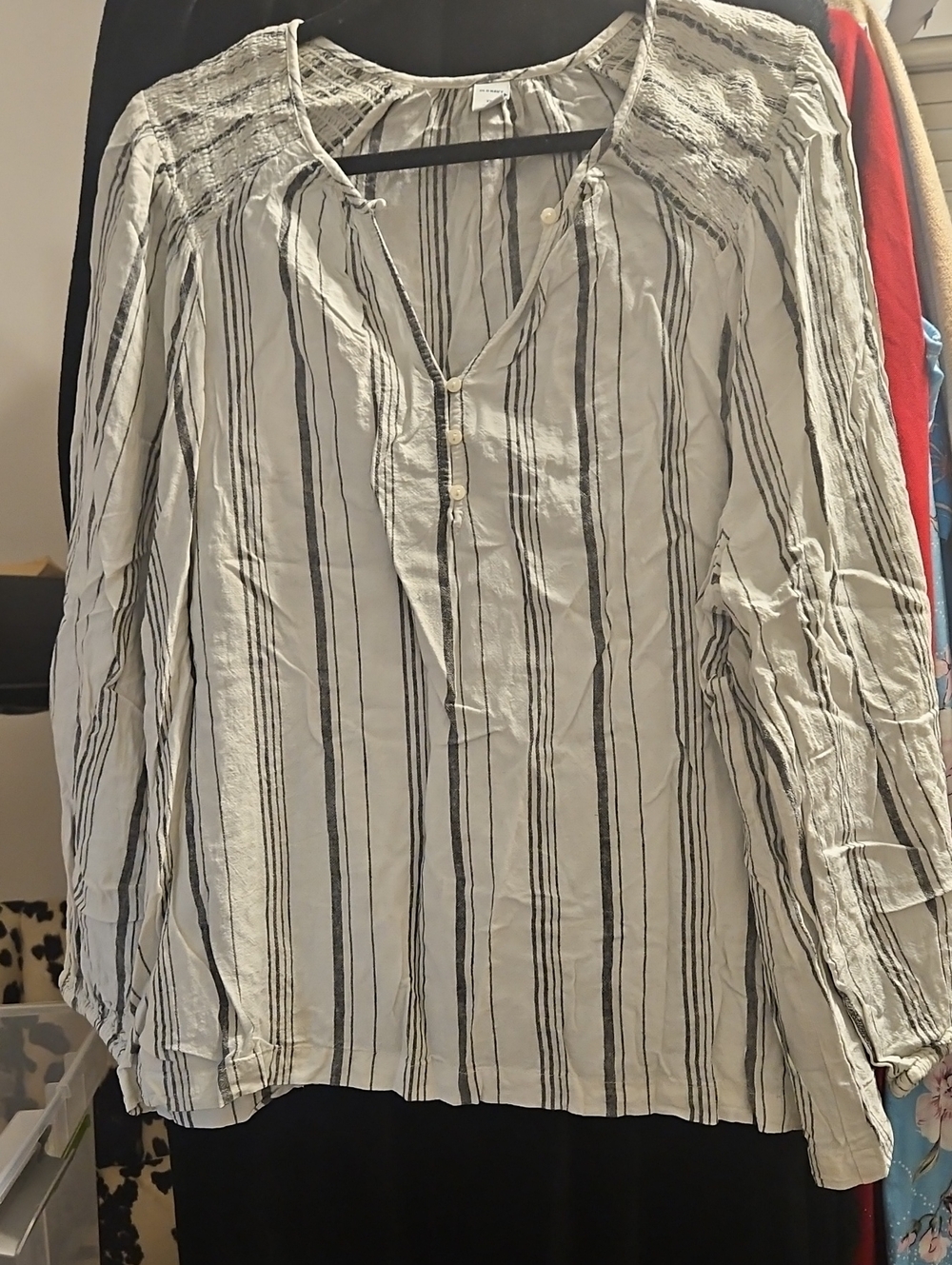 Old Navy Cream and Black Striped V-Neck Peasant Blouse